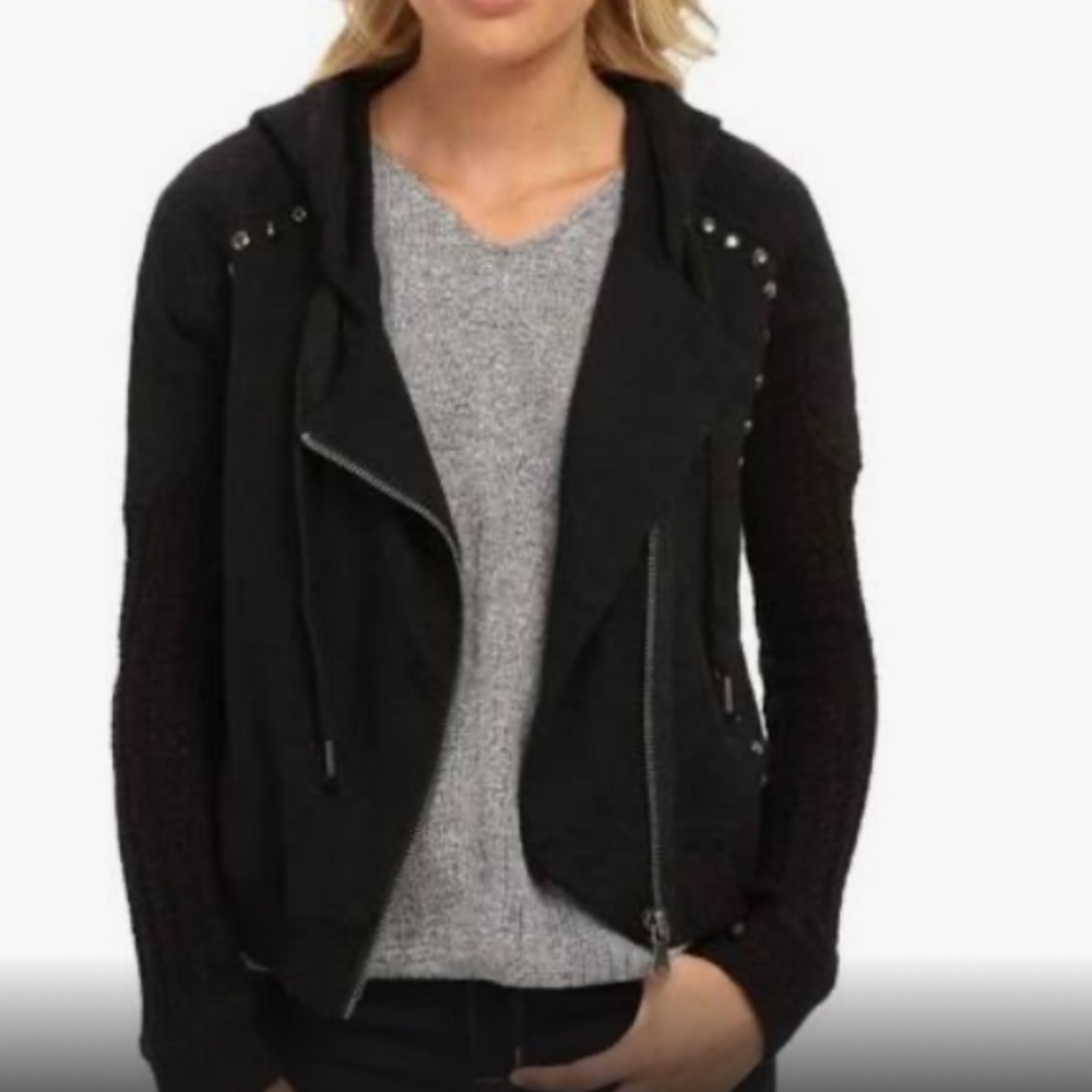 Free People Ring My Bell Hooded Moto jacket Size M Black multi-textures